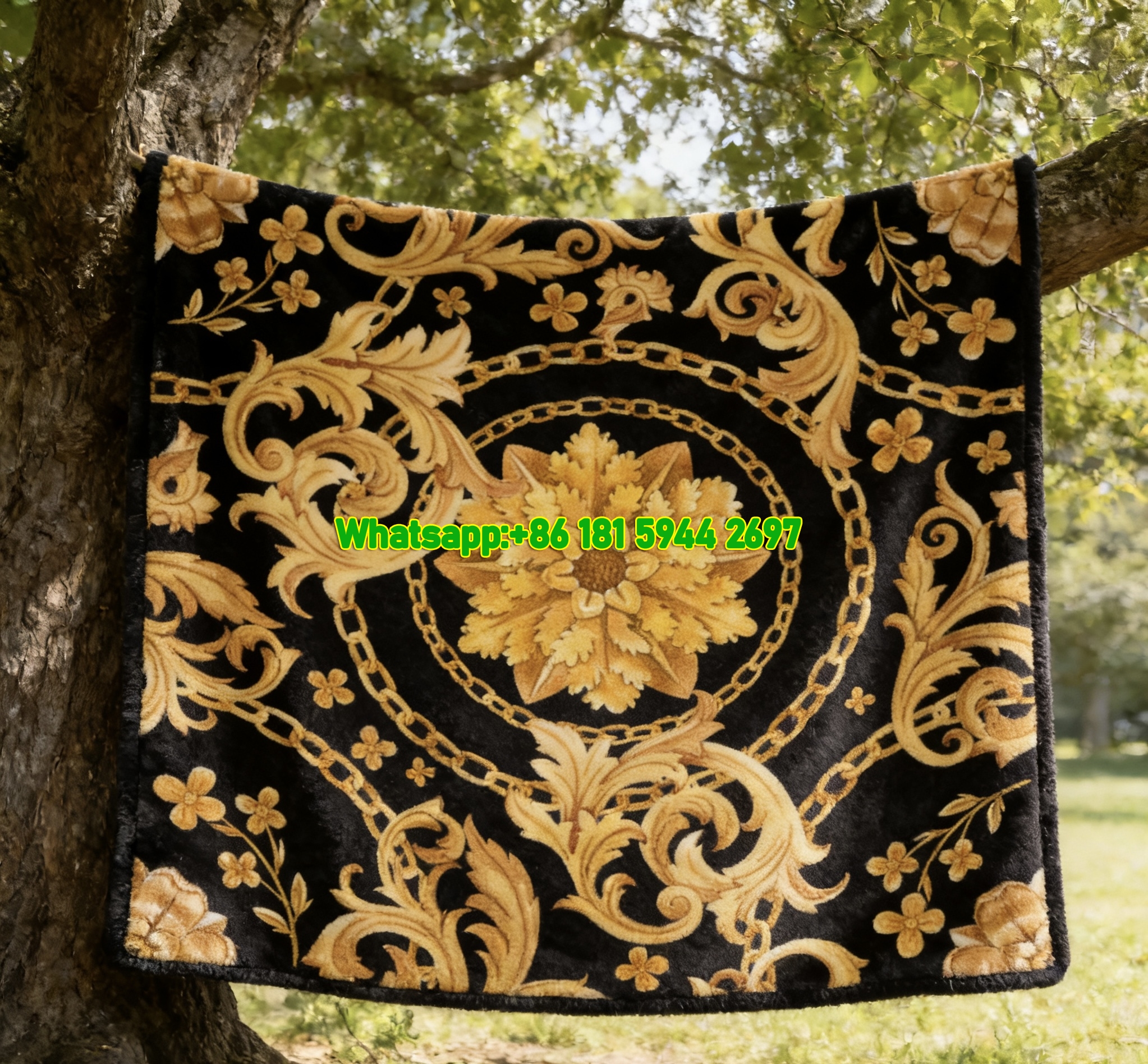 Versace Black Gold Baroque Floral Chain Print Flannel Sofa Throw Blanket IMG_1621